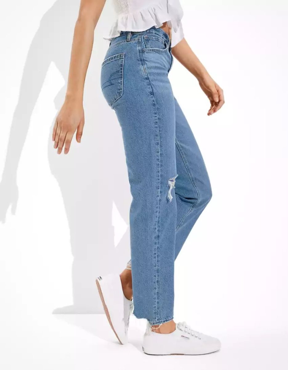 Jean American Eagle AE x The Redesign Ripped '90s Droit Bleu Femme | BNZ-18644518